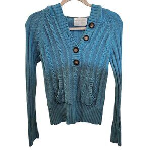 Aeropostale Cable Knit Hoodie Sweater Blue Size L Cotton Acrylic Buttons Pocket